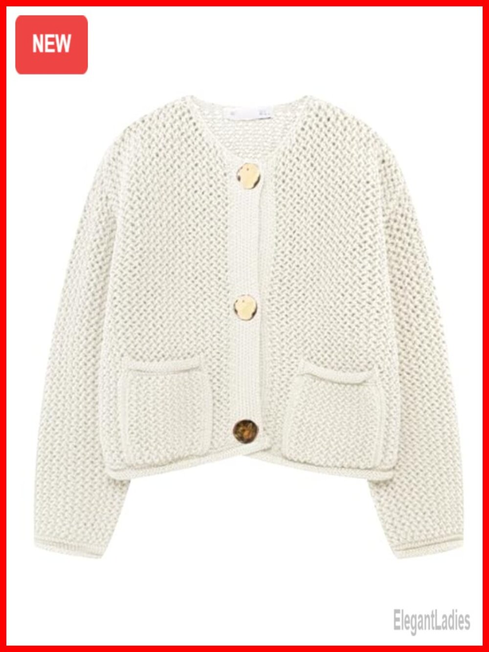 Cropped Chunky Knit Cardigan with Gold Buttons Long Sleeve Open Front